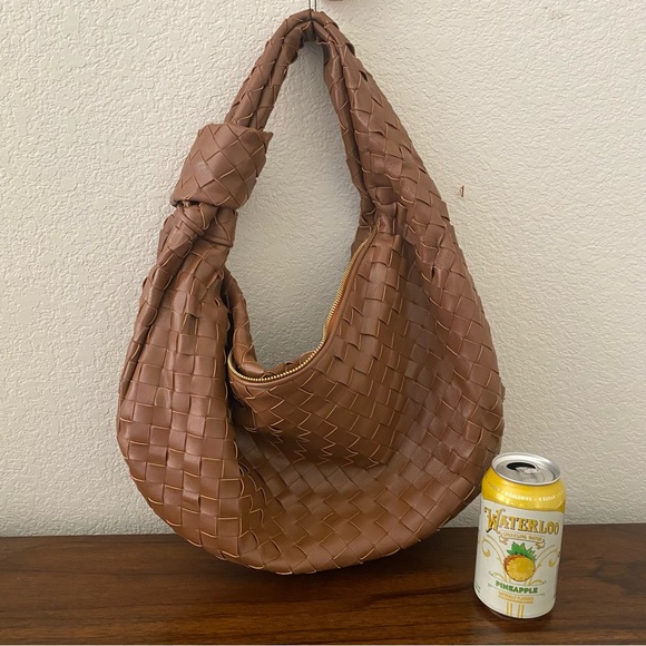 None Handbags - Brown Gold Weave Large Jodie Bag Sheepskin Leather Woven Intrecciato Satchel B10